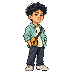 Karakter pixel Rafindo dengan overshirt seafoam dan tas amber.